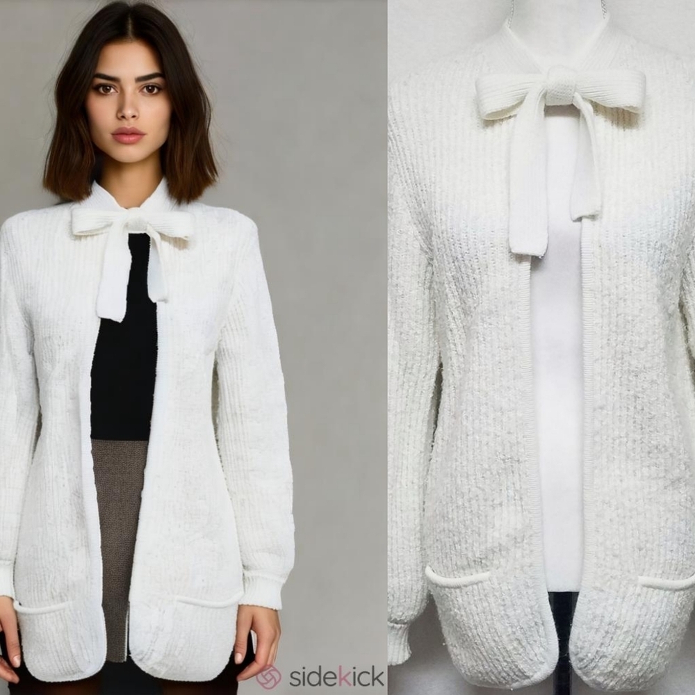 Lime Light Vintage 70s Off-White Ribbed Knit Lavallière Poet Sleeve Cardigan L